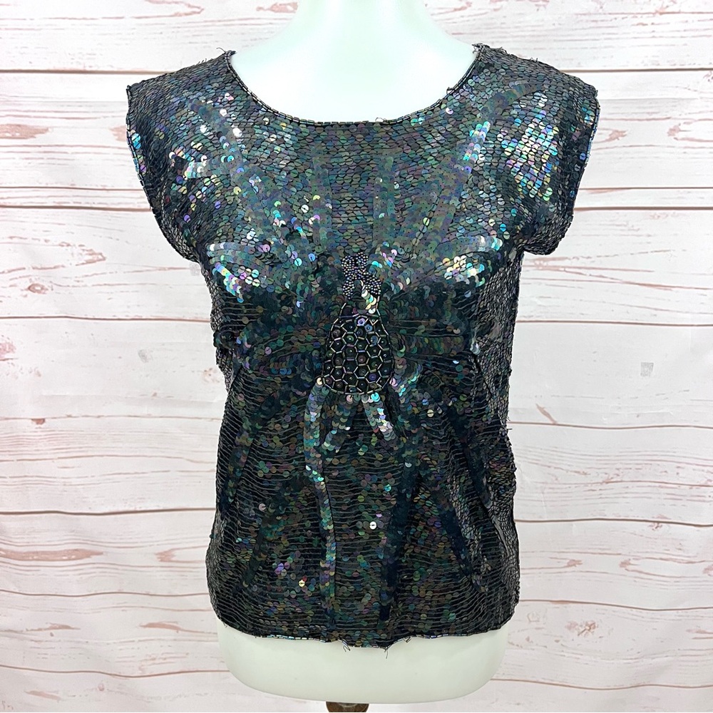 Vintage Ann Katrine Silk Iridescent Sequin Pineapple Top